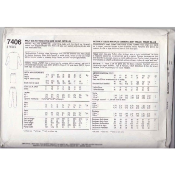 Vintage ©1990 Simplicity 7406 Pattern - Pull-on Unlined Jacket, Skirt & Pants - Picture 3 of 3